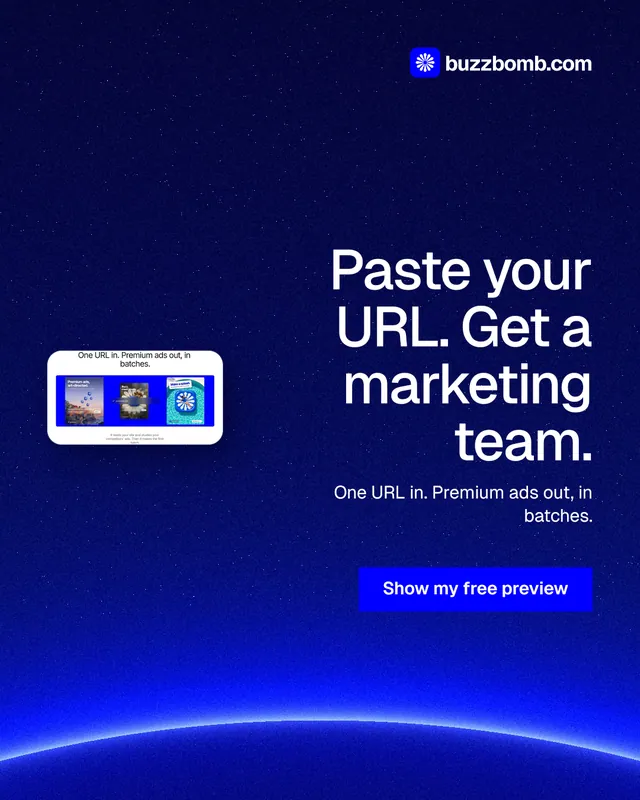 Instagram portrait post for BuzzBomb: "Paste your URL. Get a marketing team." Swiss style, right layout, dark palette in blue.