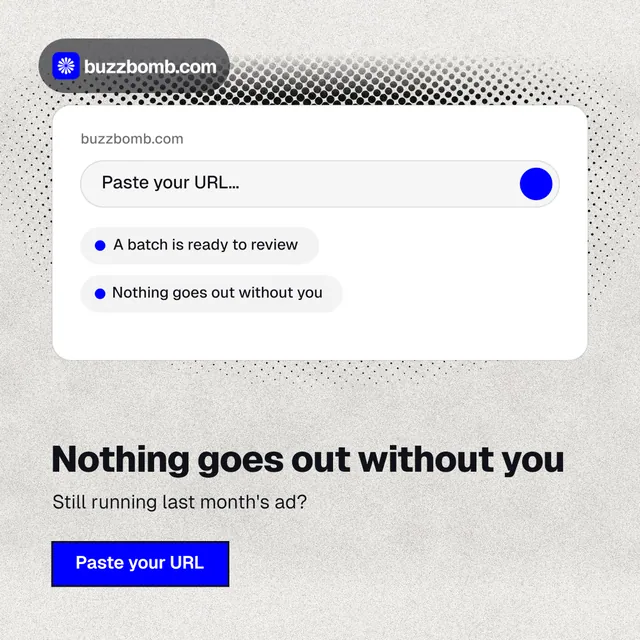 Instagram post for BuzzBomb: "Nothing goes out without you". Ink sticker style, bottom layout, light palette in white, grey.