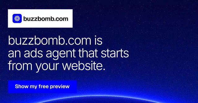 Social ad for BuzzBomb: "buzzbomb.com is an ads agent that starts from your website." Swiss style, announce layout, dark palette in blue.