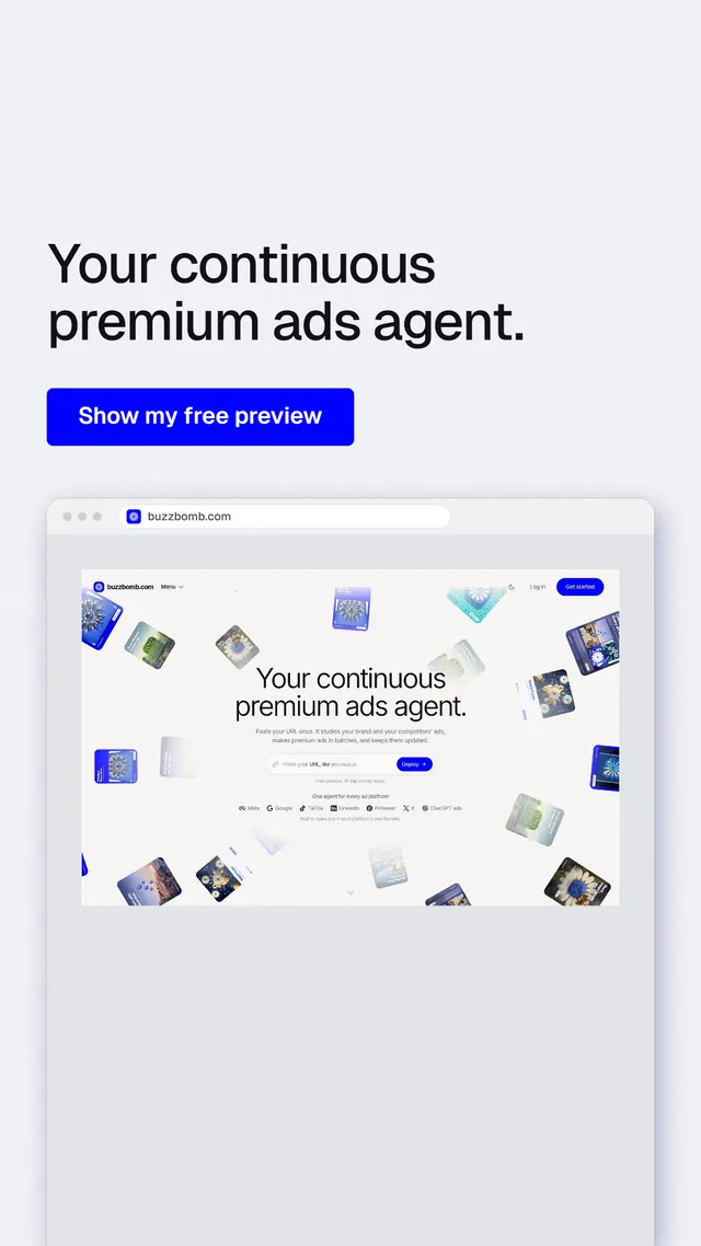 Instagram story for BuzzBomb: "Your continuous premium ads agent." Data card style, browser layout, light palette in white, blue.
