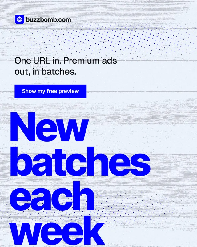 Instagram portrait post for BuzzBomb: "New batches each week". Swiss style, oversized layout, light palette in blue, white.