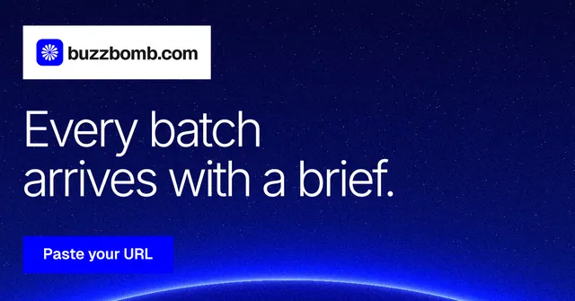 Social ad for BuzzBomb: "Every batch arrives with a brief." Swiss style, announce layout, dark palette in blue.