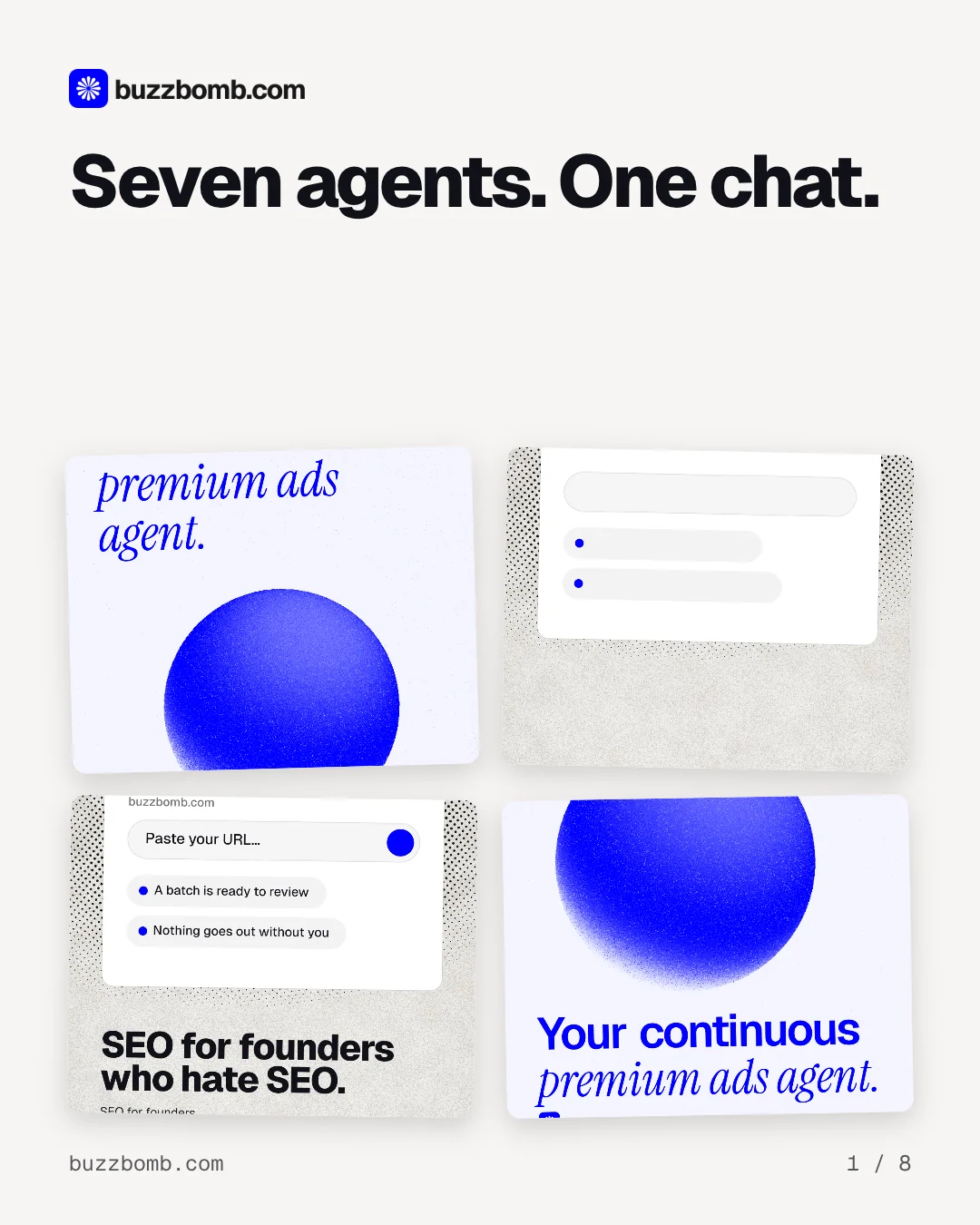 Carousel for BuzzBomb: "Seven agents. One chat.". Collection carousel, 8 slides, light palette.