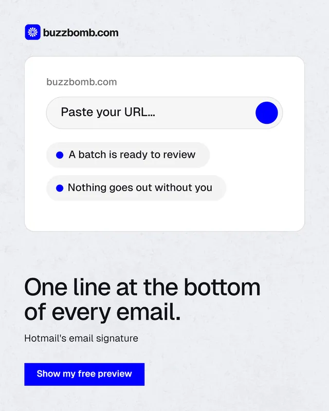 Instagram portrait post for BuzzBomb: "One line at the bottom of every email." Swiss style, bottom layout, light palette in white, blue.