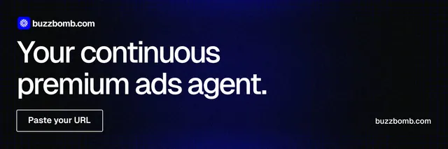 X header for BuzzBomb: "Your continuous premium ads agent." Phosphor atlas style, poster layout, dark palette in black, blue, grey.