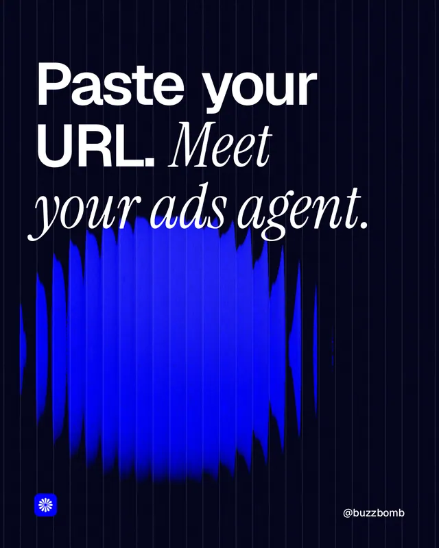 Instagram portrait post for BuzzBomb: "Paste your URL. Meet your ads agent." Auto 4x5 style, technique:shader field layout, dark palette in black, blue.