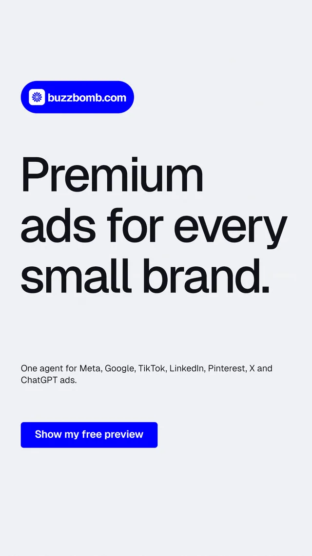 Instagram story for BuzzBomb: "Premium ads for every small brand." Data card style, announce layout, light palette in white, blue.