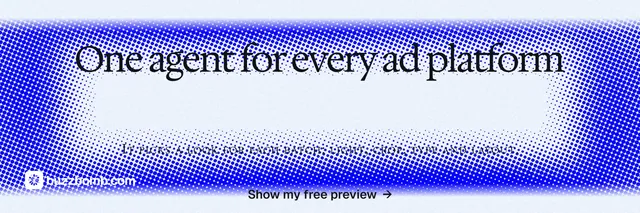 X header for BuzzBomb: "One agent for every ad platform". Swiss style, smallcaps layout, light palette in white, blue.