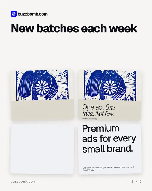 Carousel for BuzzBomb: "New batches each week". Collection carousel, 8 slides, light palette.