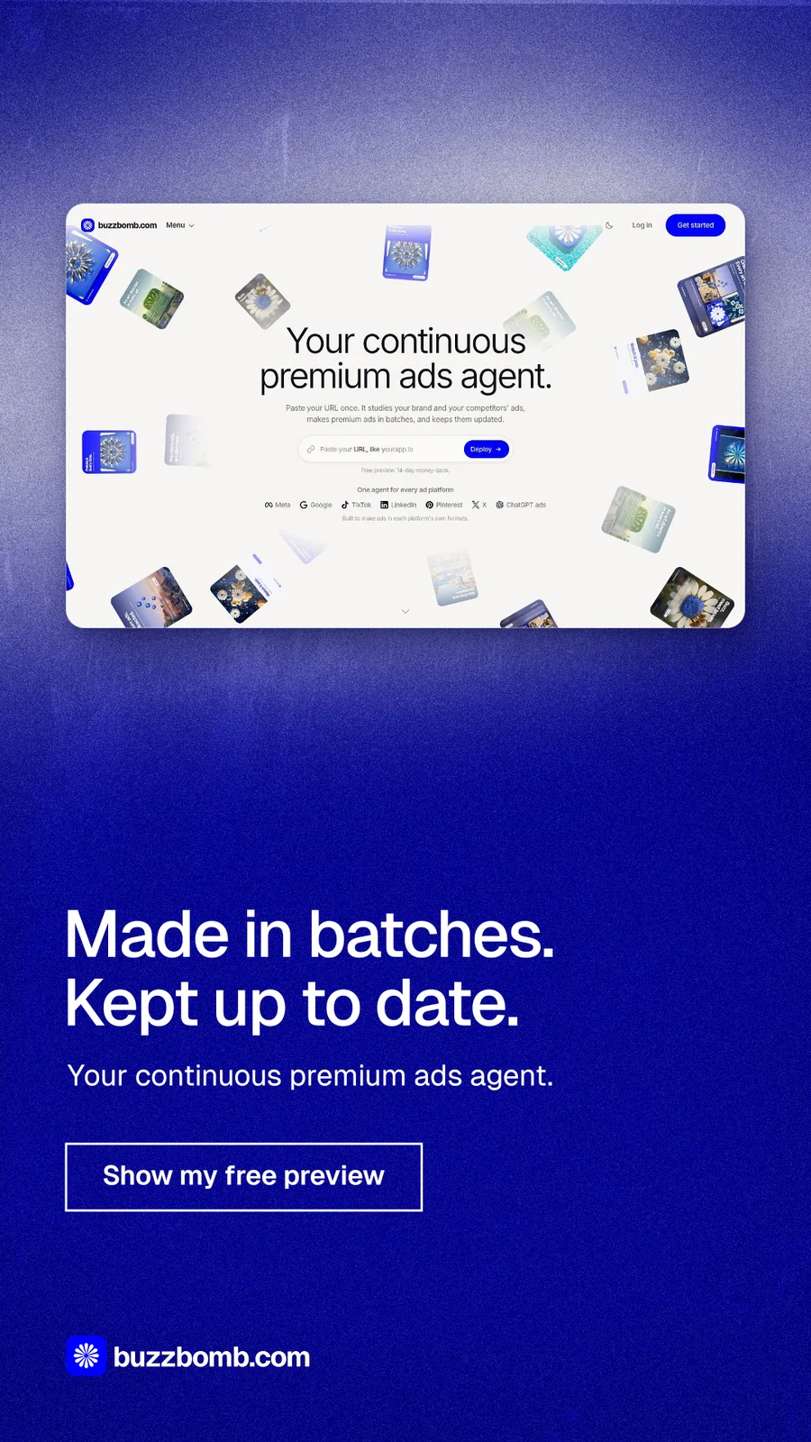 Instagram story for BuzzBomb: "Made in batches. Kept up to date." Cyanotype style, bottom layout, dark palette in white, blue.