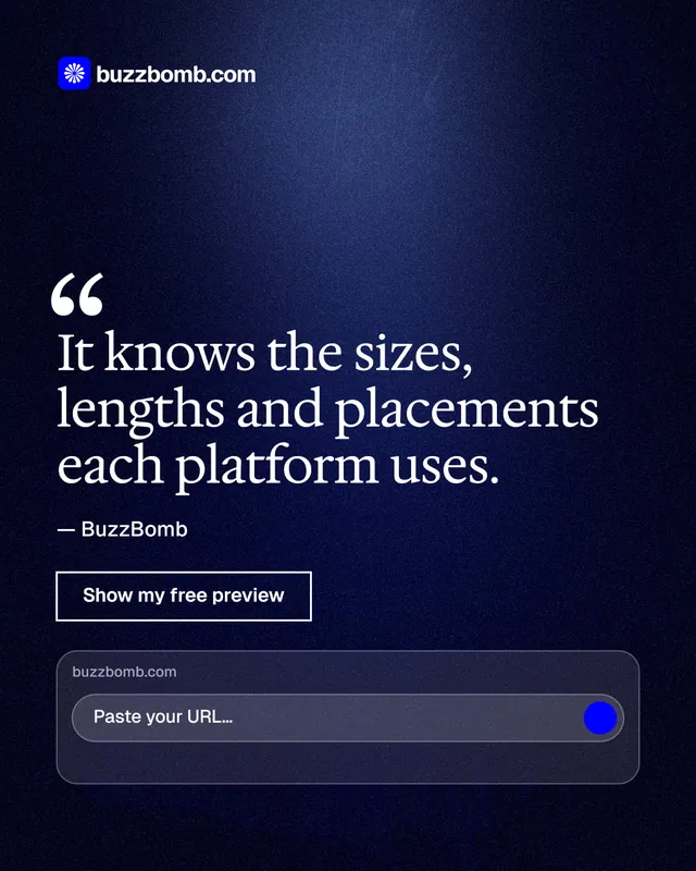 Instagram portrait post for BuzzBomb: "It knows the sizes, lengths and placements each platform uses." Dark deco style, quote layout, dark palette in blue, black.