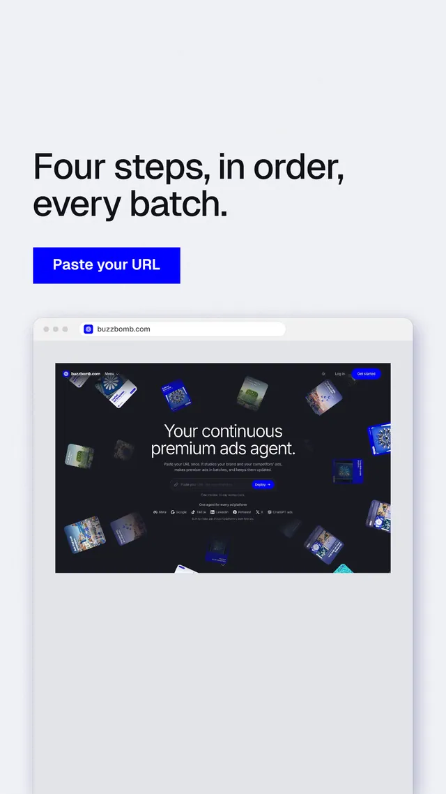 Instagram story for BuzzBomb: "Four steps, in order, every batch." Swiss style, browser layout, light palette in white, grey.
