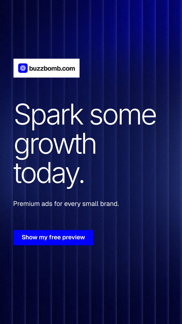 Instagram story for BuzzBomb: "Spark some growth today." Swiss style, announce layout, dark palette in blue, black.