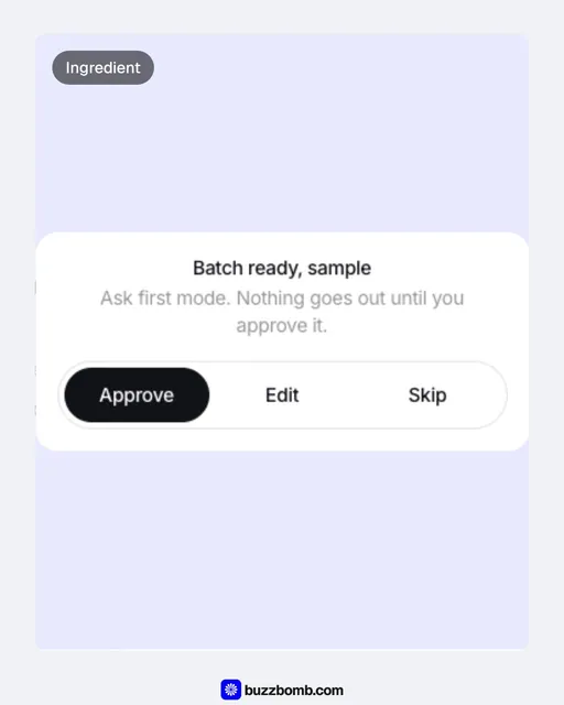 Video for BuzzBomb: "Paste a URL. Approve a batch.". Before after wipe, 6.0 s, light palette.
