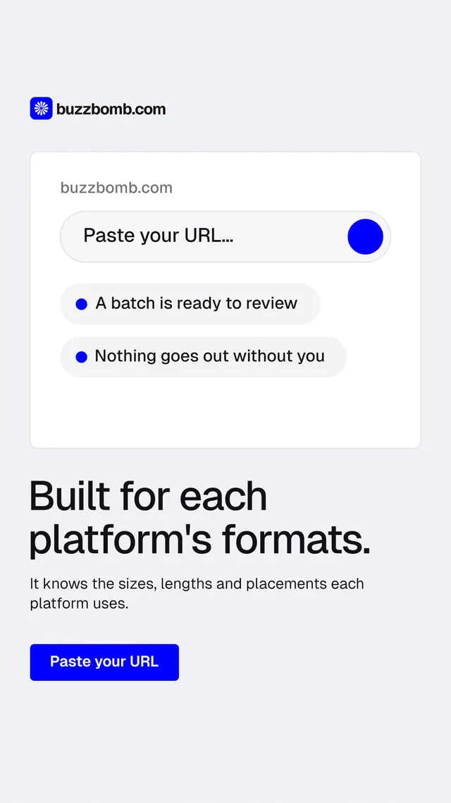 Instagram story for BuzzBomb: "Built for each platform's formats." Data card style, bottom layout, light palette in white, blue.