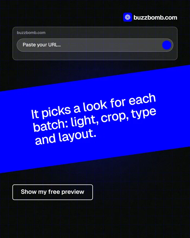 Instagram portrait post for BuzzBomb: "It picks a look for each batch: light, crop, type and layout." Phosphor atlas style, diagonal layout, dark palette in black, blue.