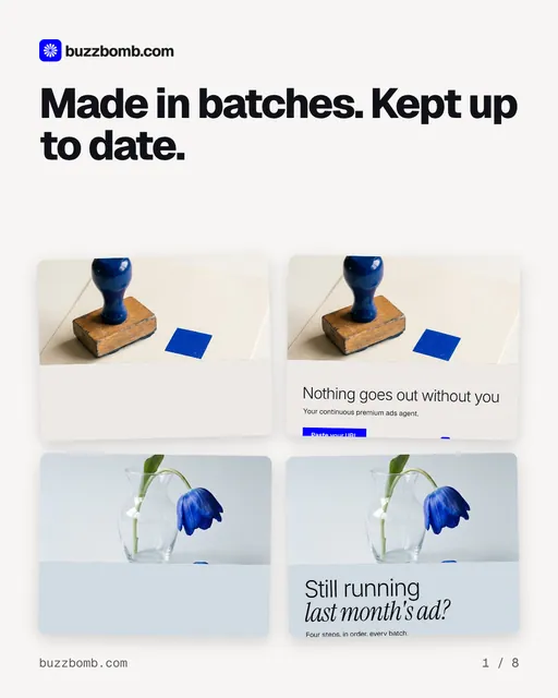 Carousel for BuzzBomb: "Made in batches. Kept up to date.". Collection carousel, 8 slides, light palette.