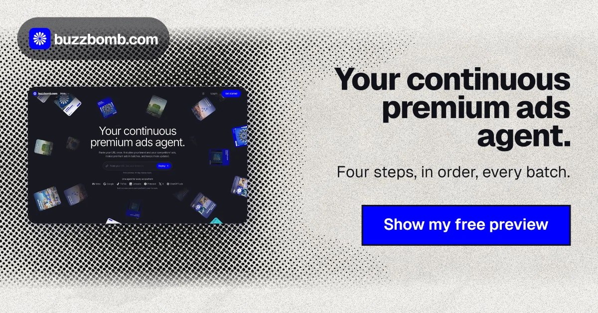 Social ad for BuzzBomb: "Your continuous premium ads agent." Ink sticker style, right layout, light palette in blue, grey, white.