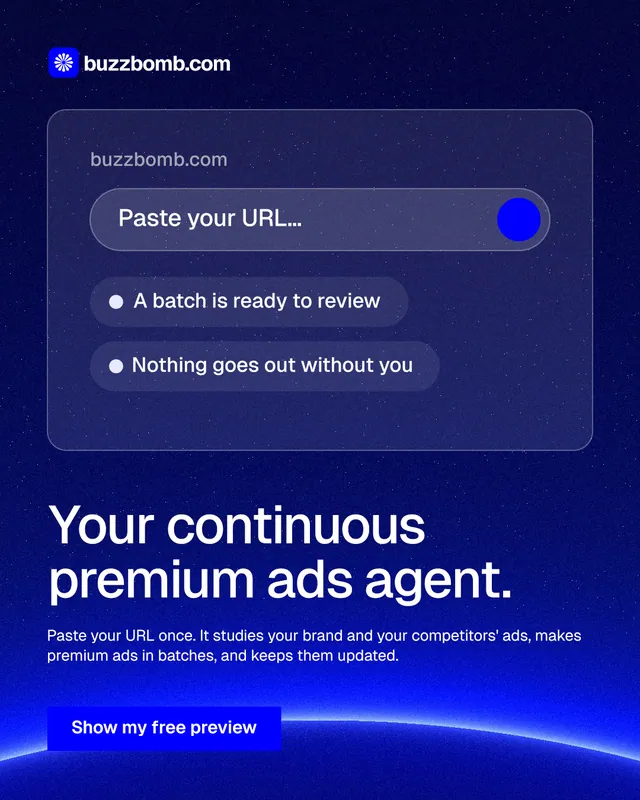 Instagram portrait post for BuzzBomb: "Your continuous premium ads agent." Swiss style, bottom layout, dark palette in blue.