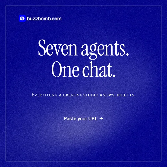 Instagram post for BuzzBomb: "Seven agents. One chat." Editorial style, smallcaps layout, dark palette in blue.