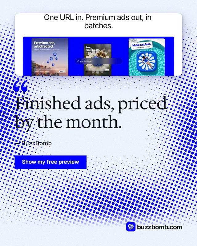 Instagram portrait post for BuzzBomb: "Finished ads, priced by the month." Swiss style, quote layout, light palette in blue, white.