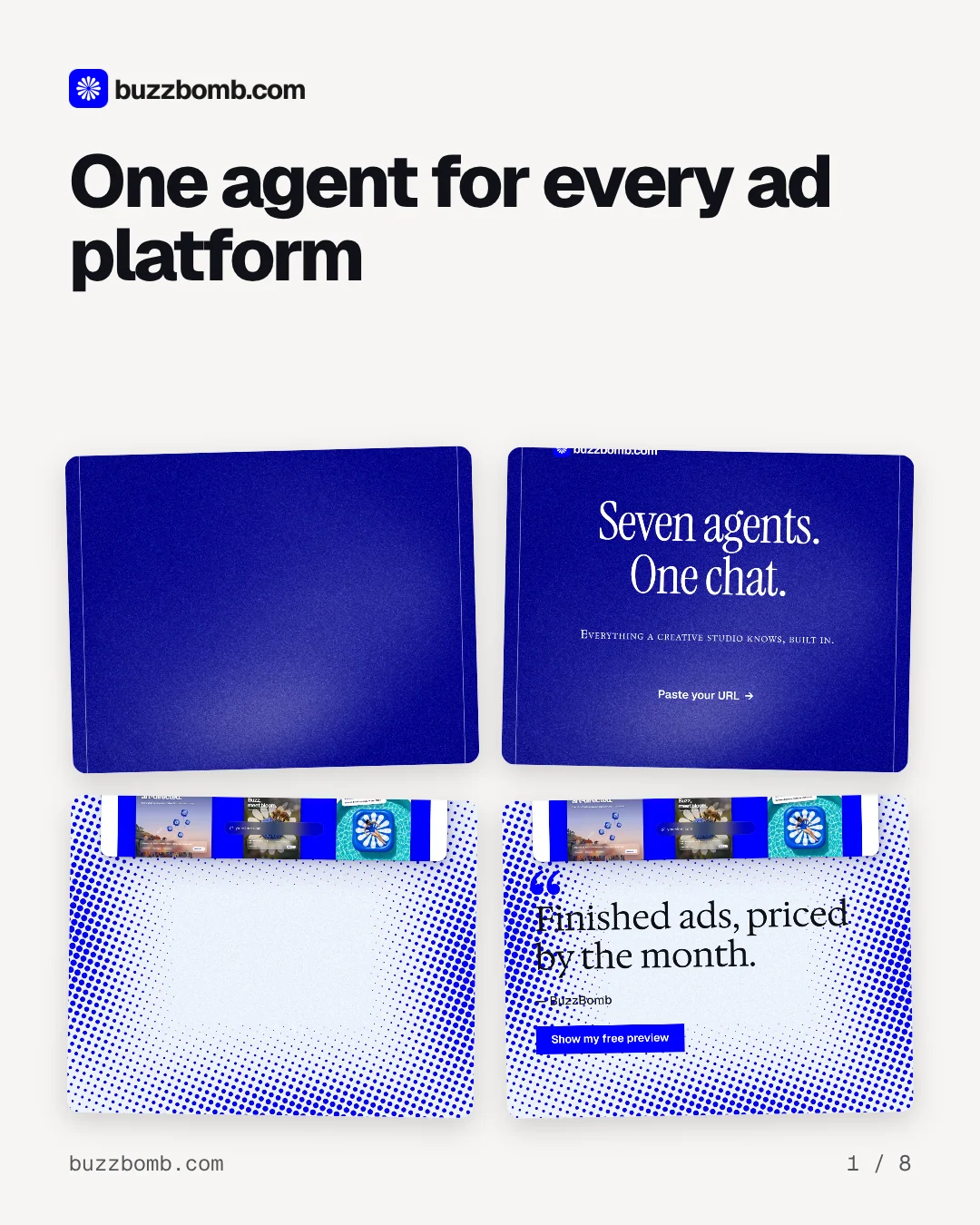 Carousel for BuzzBomb: "One agent for every ad platform". Collection carousel, 8 slides, light palette.