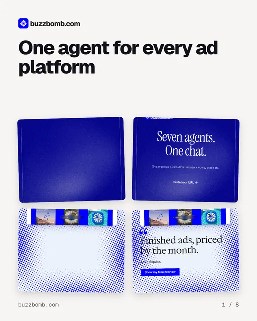 Carousel for BuzzBomb: "One agent for every ad platform". Collection carousel, 8 slides, light palette.
