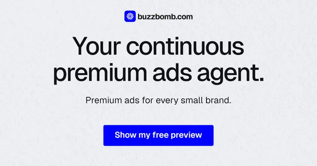 Social ad for BuzzBomb: "Your continuous premium ads agent." Data card style, centred layout, light palette in white, blue.