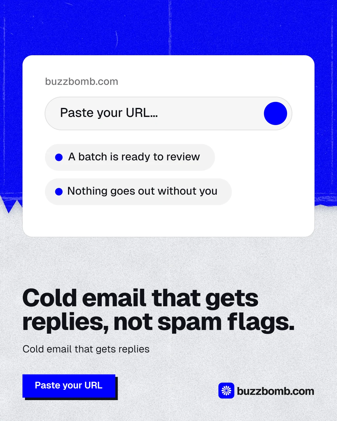 Instagram portrait post for BuzzBomb: "Cold email that gets replies, not spam flags." Paper trio style, bottom layout, light palette in white, blue.