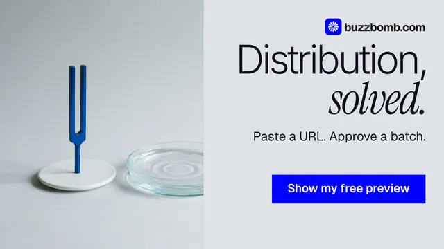 Landscape graphic for BuzzBomb: "Distribution, solved." Swiss style, right layout, light palette in white, grey, blue.