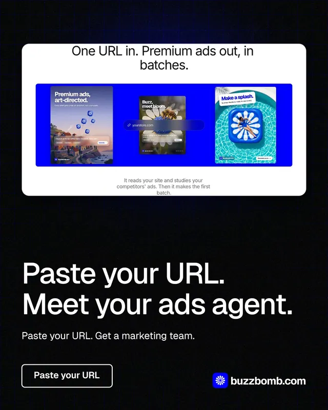 Instagram portrait post for BuzzBomb: "Paste your URL. Meet your ads agent." Phosphor atlas style, bottom layout, dark palette in black, grey, white.
