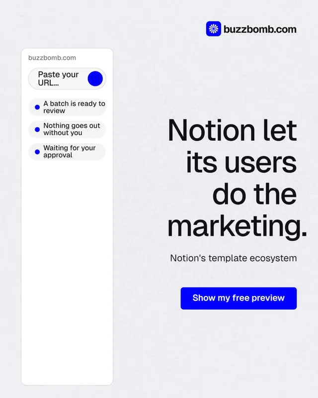 Instagram portrait post for BuzzBomb: "Notion let its users do the marketing." Data card style, right layout, light palette in white, blue.