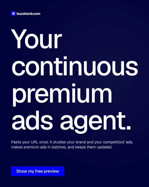 Video for BuzzBomb: "Your continuous premium ads agent.". Doc motion loop, 7.0 s, dark palette.
