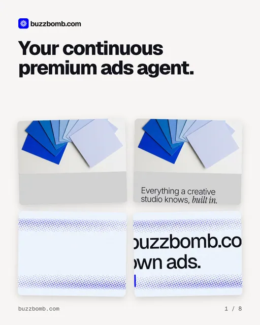 Carousel for BuzzBomb: "Your continuous premium ads agent.". Collection carousel, 8 slides, light palette.