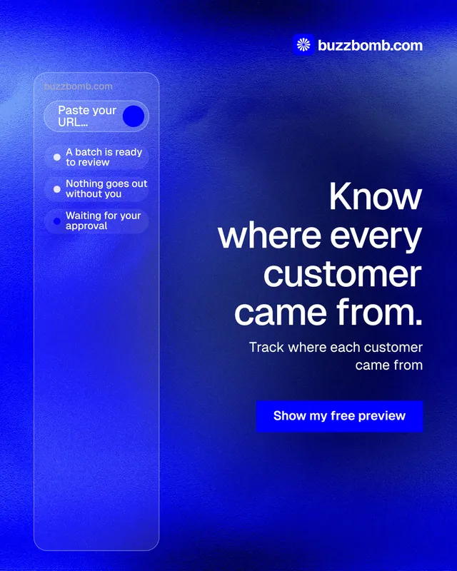 Instagram portrait post for BuzzBomb: "Know where every customer came from." Swiss style, right layout, dark palette in blue.