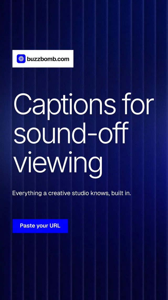 Instagram story for BuzzBomb: "Captions for sound-off viewing". Swiss style, announce layout, dark palette in black, blue, grey.