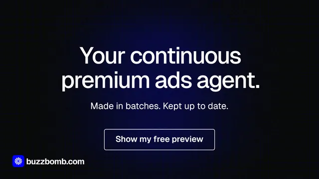 Landscape graphic for BuzzBomb: "Your continuous premium ads agent." Phosphor atlas style, centred layout, dark palette in black, grey.