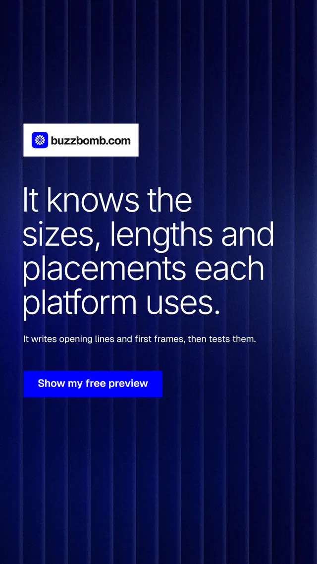 Instagram story for BuzzBomb: "It knows the sizes, lengths and placements each platform uses." Swiss style, announce layout, dark palette in black, blue.