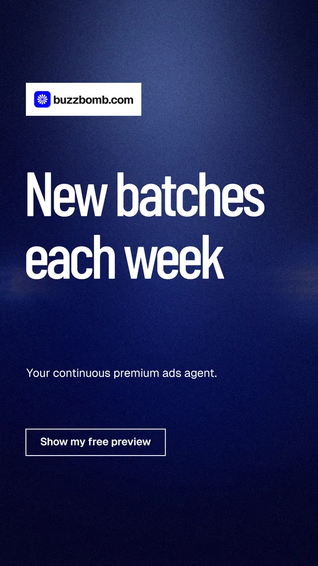 Instagram story for BuzzBomb: "New batches each week". Dark deco style, announce layout, dark palette in blue, black.