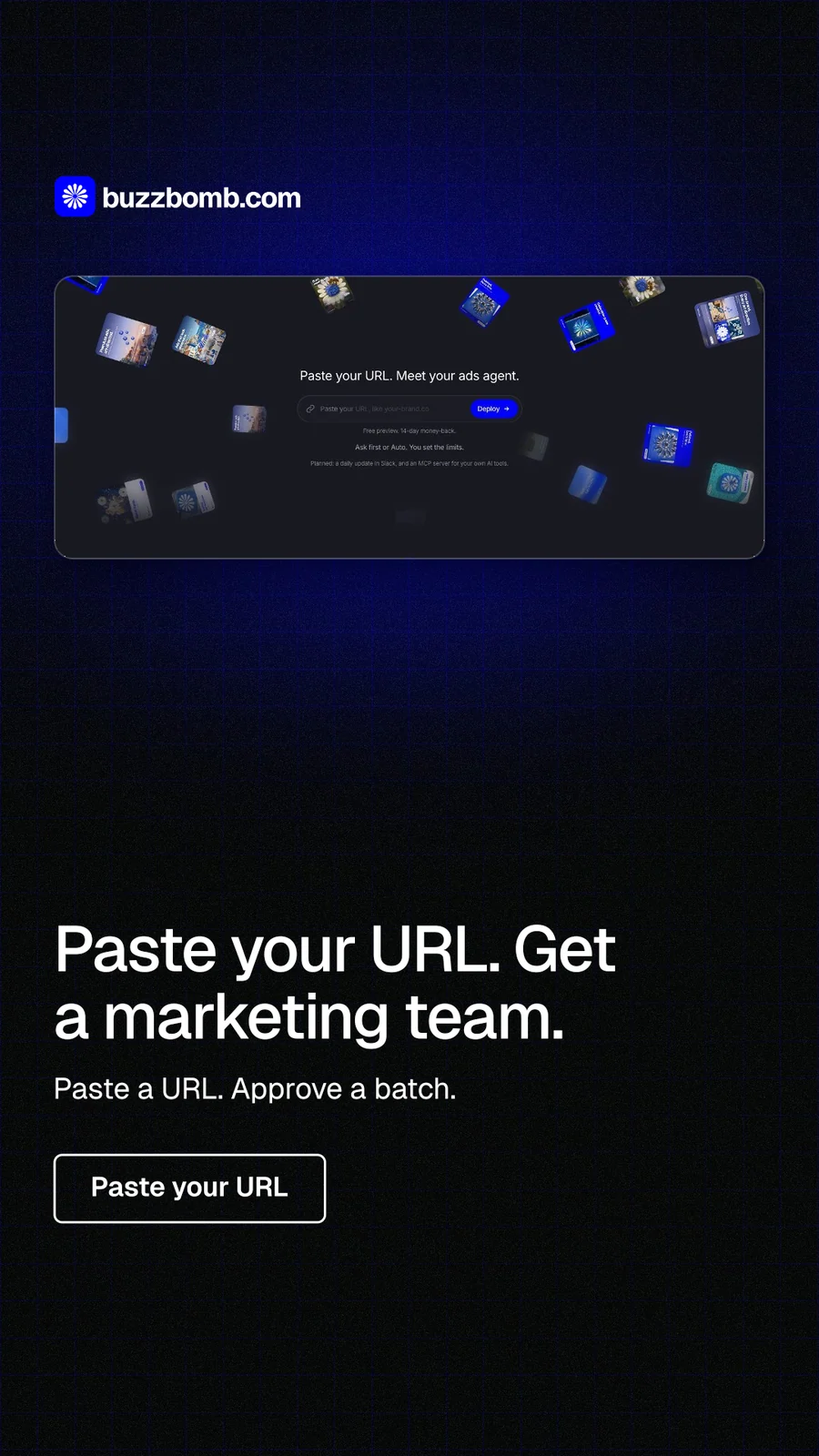 Instagram story for BuzzBomb: "Paste your URL. Get a marketing team." Phosphor atlas style, bottom layout, dark palette in black.