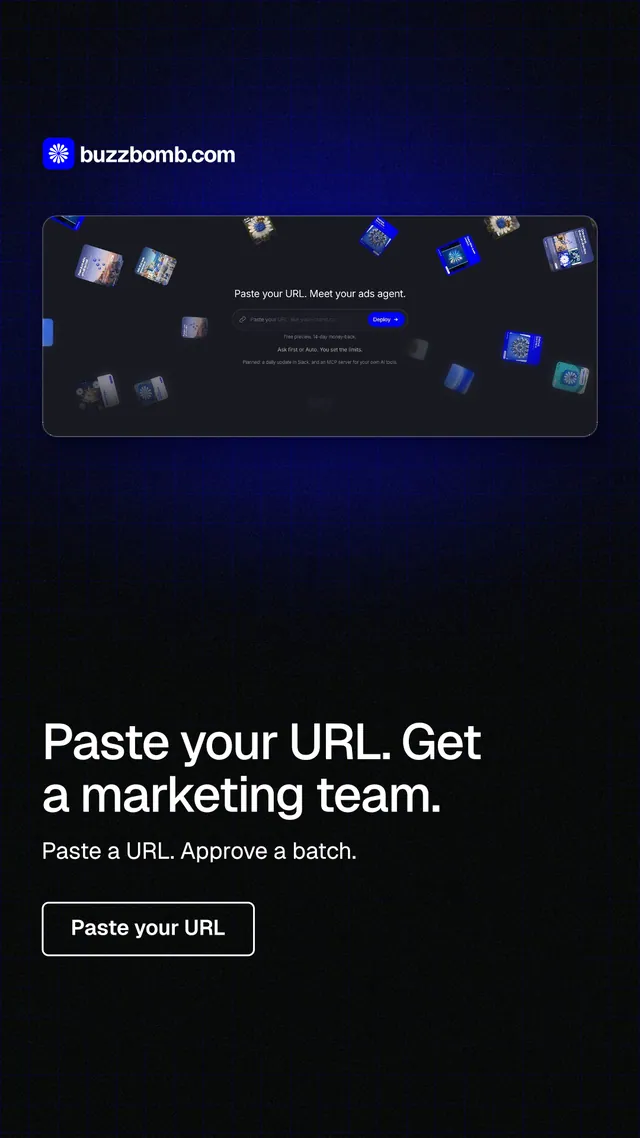 Instagram story for BuzzBomb: "Paste your URL. Get a marketing team." Phosphor atlas style, bottom layout, dark palette in black.