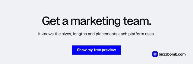 X header for BuzzBomb: "Get a marketing team." Swiss style, centred layout, light palette in white, blue.