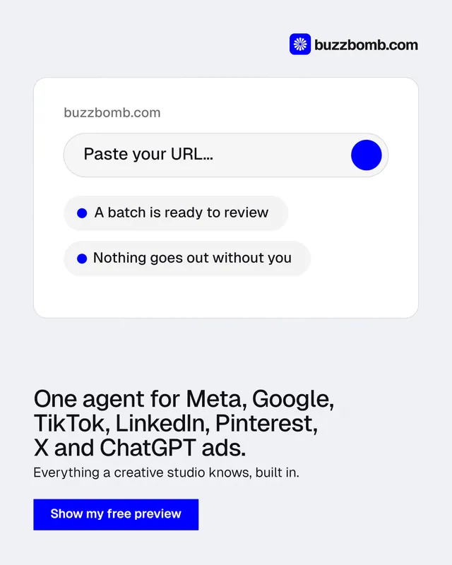 Instagram portrait post for BuzzBomb: "One agent for Meta, Google, TikTok, LinkedIn, Pinterest, X and ChatGPT ads." Swiss style, bottom layout, light palette in white, blue.