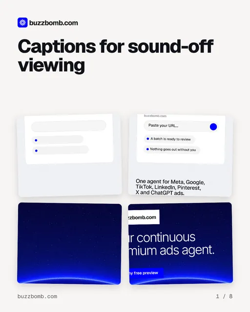Carousel for BuzzBomb: "Captions for sound-off viewing". Collection carousel, 8 slides, light palette.