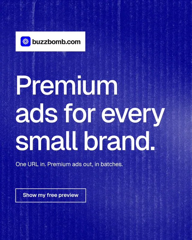 Instagram portrait post for BuzzBomb: "Premium ads for every small brand." Cyanotype style, announce layout, dark palette in blue.