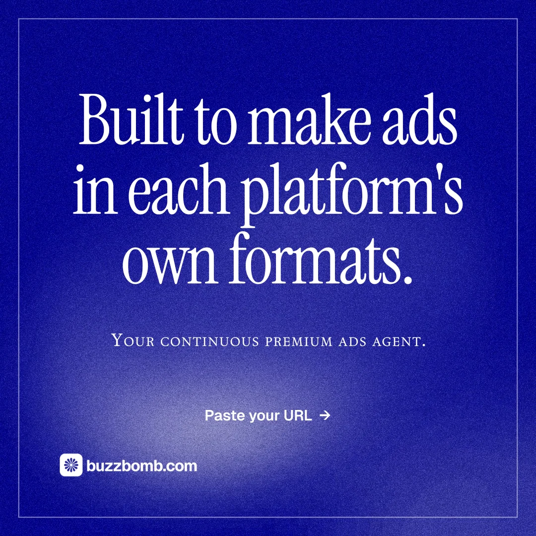 Instagram post for BuzzBomb: "Built to make ads in each platform's own formats." Editorial style, smallcaps layout, dark palette in blue.