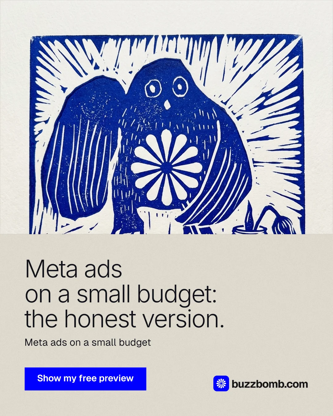 Instagram portrait post for BuzzBomb: "Meta ads on a small budget: the honest version." Swiss style, bottom layout, light palette in yellow, blue, grey.