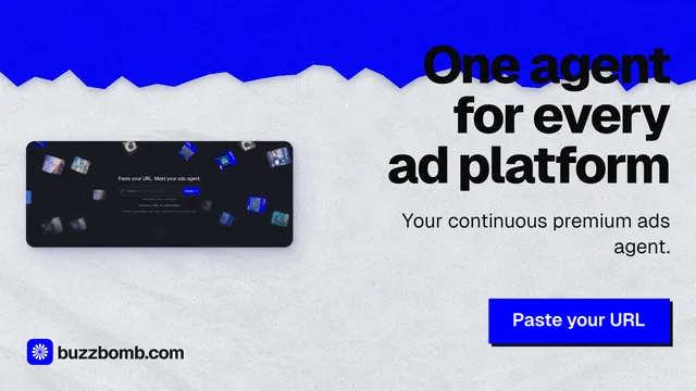 Landscape graphic for BuzzBomb: "One agent for every ad platform". Paper trio style, right layout, light palette in white, blue, grey.