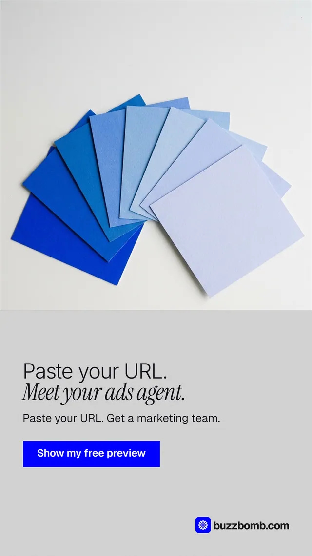 Instagram story for BuzzBomb: "Paste your URL. Meet your ads agent." Swiss style, bottom layout, light palette in white, blue.