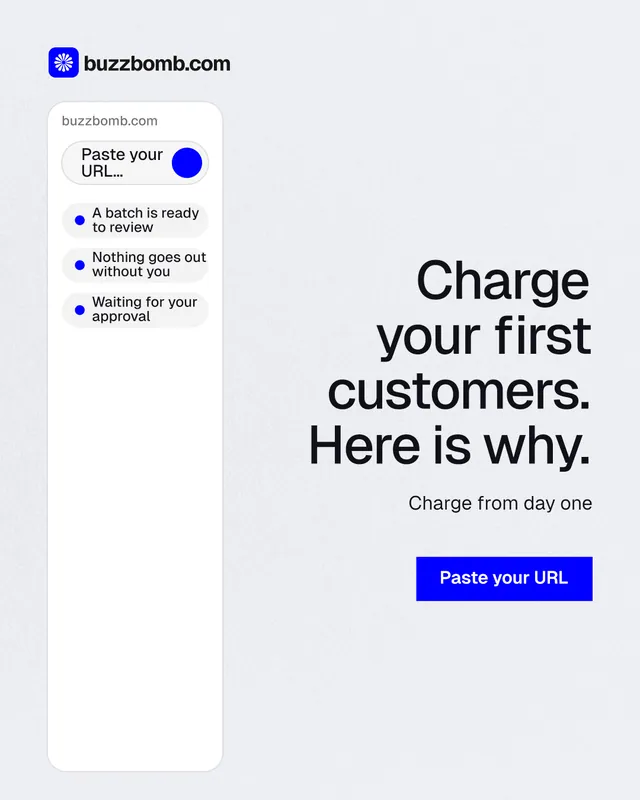 Instagram portrait post for BuzzBomb: "Charge your first customers. Here is why." Swiss style, right layout, light palette in white, blue.